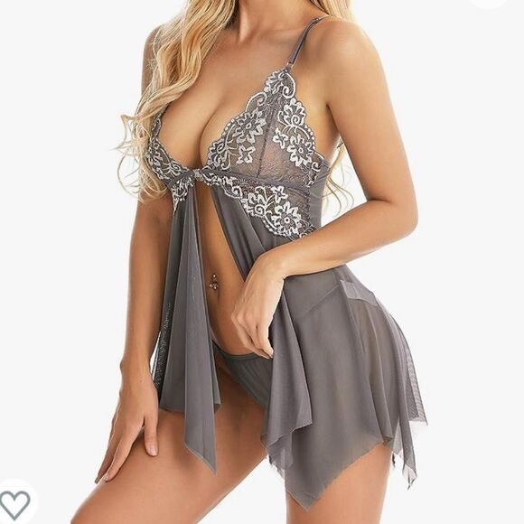 Adorejoy Gray Front Closure Babydoll Lace Chemise V Neck Mesh Sz Medium NWT - Picture 1 of 7